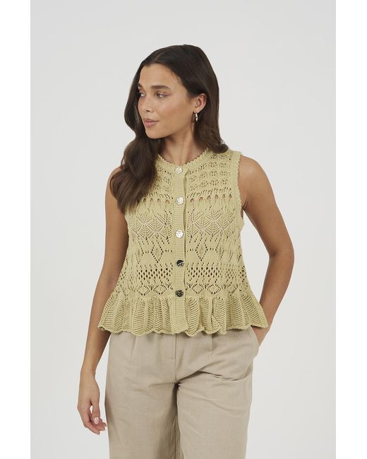 Brave Soul Natural Pale Pointelle Knit Waistcoat With Frill Hem