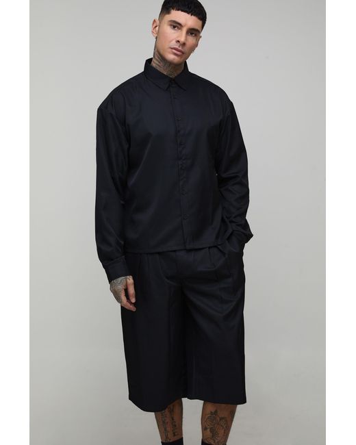 BoohooMAN Blue Tall Soft Twill Oversized Boxy Shirt And Pleated Longline Jorts Set for men