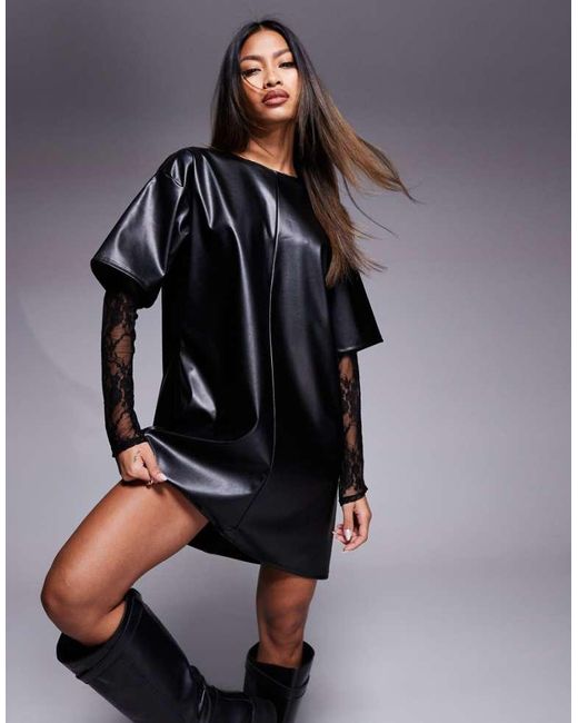 ASOS Black Pu T Shirt Mini Dress With Lace Sleeves