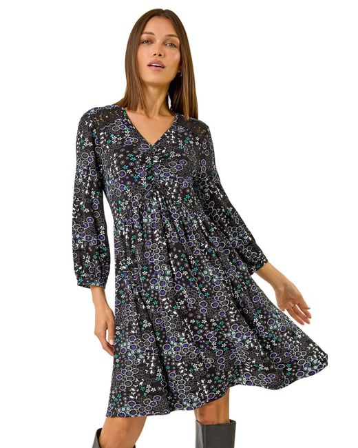 Roman Black Floral Print Lace Trim Stretch Dress