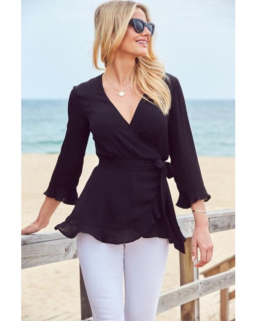 Sosandar White Ruffle Hem Fluted Cuff Top Viscose