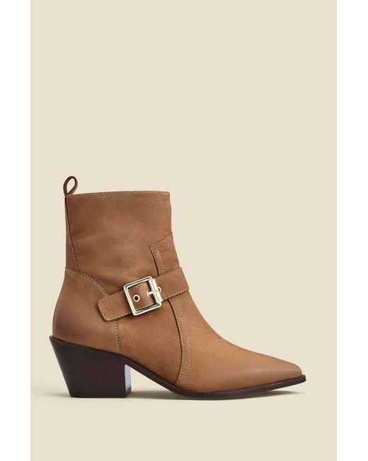 Sosandar Natural Taupe Leather Buckle Detail Western Ankle Boots