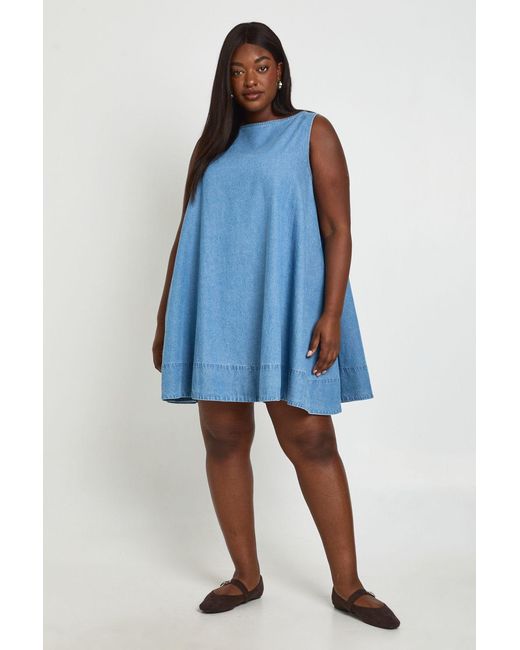 Boohoo Blue Plus Chambray Racer Swing Dress