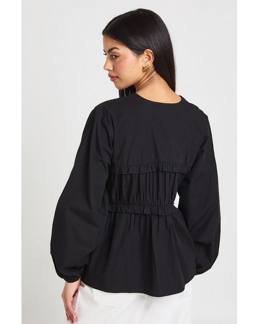 Boohoo Black Tie Front Ruffle Poplin Blouse