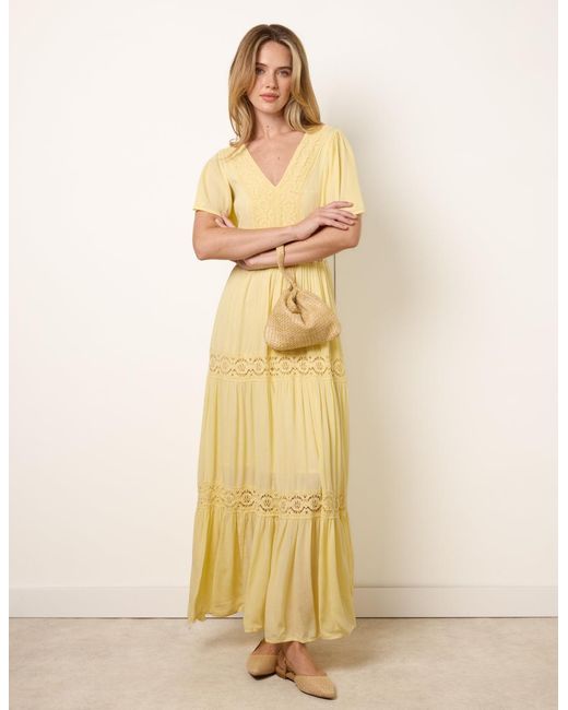 Blue Vanilla Natural V-Neck Tiered Crochet Detail Maxi Dress