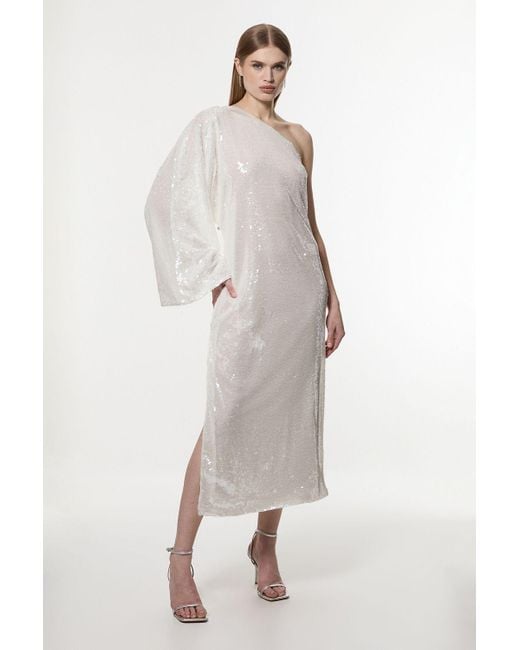 Karen Millen Liquid Shine One Shoulder Woven Sequin Dress in White | Lyst UK