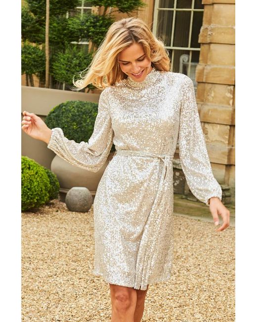 Sosandar Metallic Champagne Sequin High Neck Belted Shift Dress