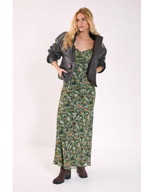 Nasty Gal Green Floral Chiffon Cowl Ruffle Split Maxi Dress