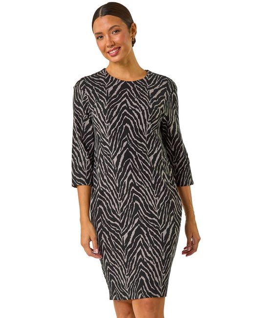 Roman Black Animal Print Pocket Shift Stretch Dress