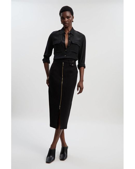 Karen Millen Black Ponte Front Zip Trim Detail Midi Skirt