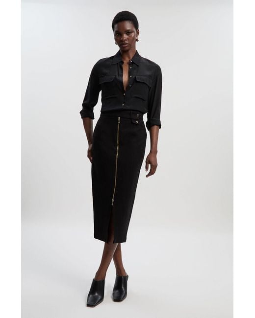 Karen Millen Black Ponte Front Zip Trim Detail Midi Skirt