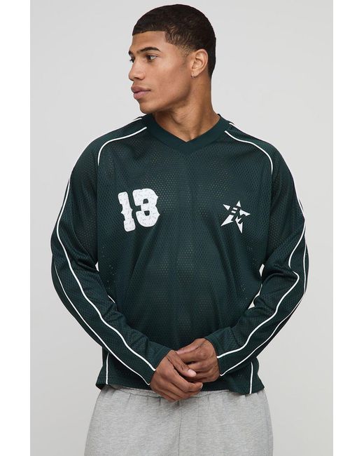 BoohooMAN Gray Oversized Boxy Airtex 13 Printed Long Sleeve Sports Top for men