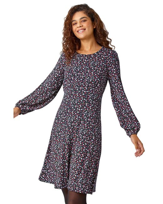 Roman Blue Ditsy Floral Print Stretch Dress