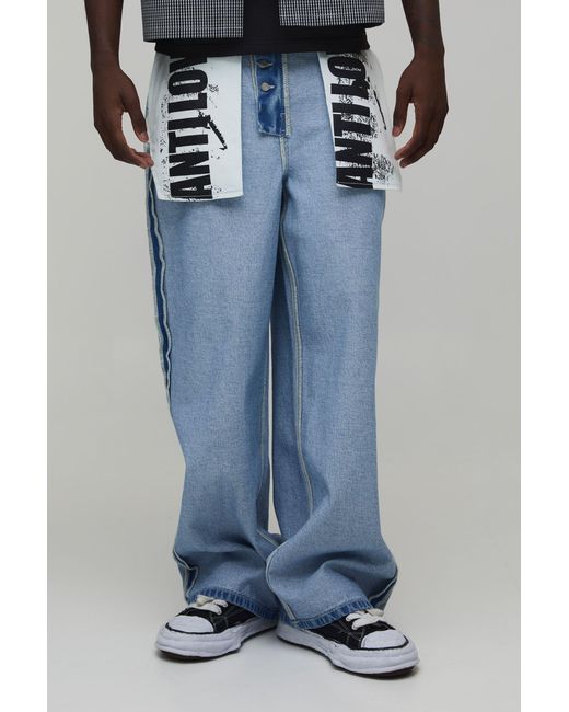 BoohooMAN Blue Reverse Graphic Pocket Baggy Fit Jeans for men