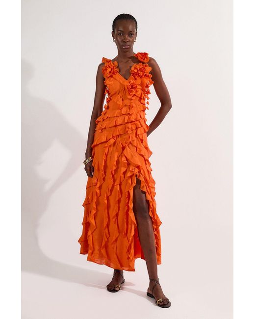 Karen Millen Orange Embellished Ruffle Strappy Woven Maxi Dress
