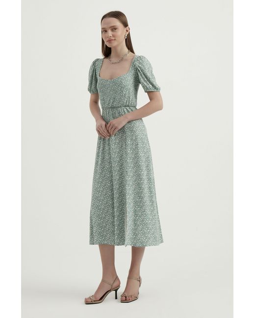 Hiccup Green Floral Scoop Neck Balloon Sleeves Midi Dress