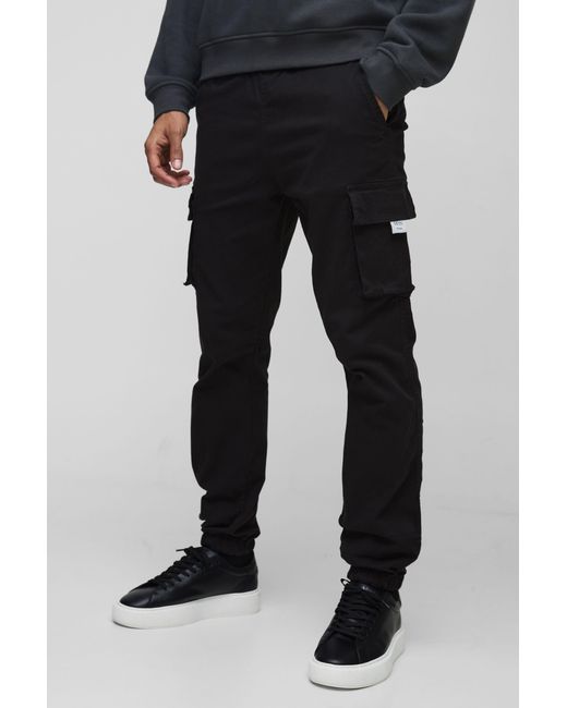 BoohooMAN Black Slim Elasticated Woven Cargo Trousers for men