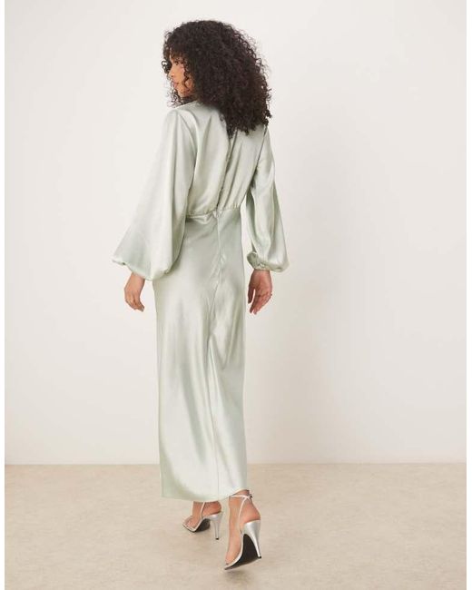Gina Tricot Natural Satin Long Sleeve Midi V Neck Tie Front Ruched Detail