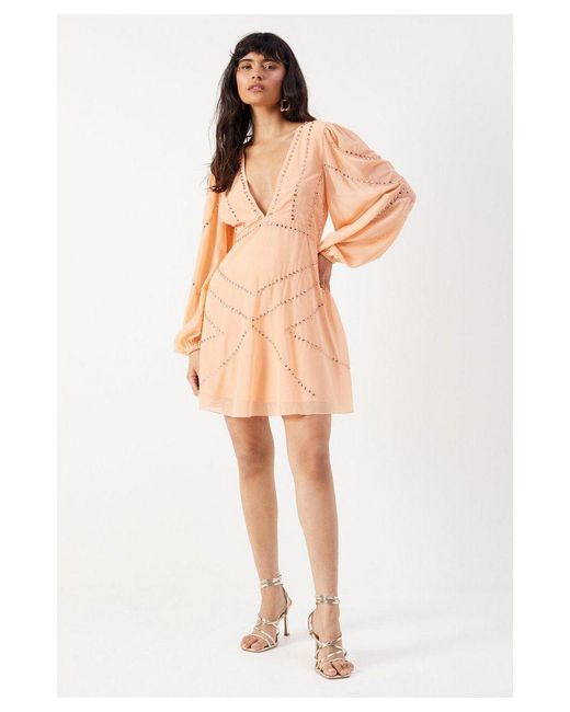 Warehouse Natural Premium Chiffon Embellished Plunge Neck Mini Dress