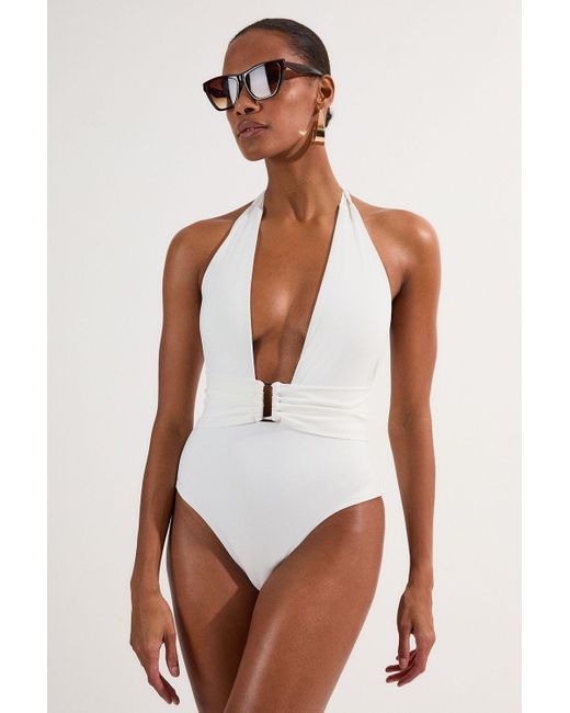 Karen Millen White Mirror Print Plunge Swimsuit