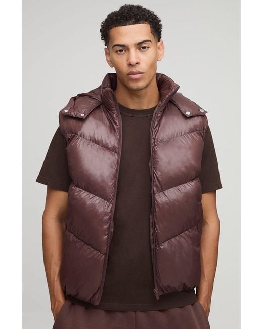 BoohooMAN Brown Regular Fit Sheen Panelled Hooded Funnel Puffer Gilet for men