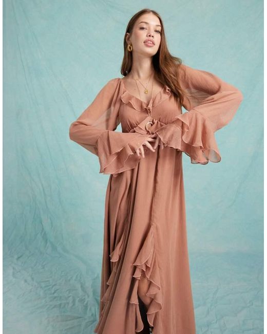 Miss Selfridge Brown Chiffon Ruffle Maxi Dress