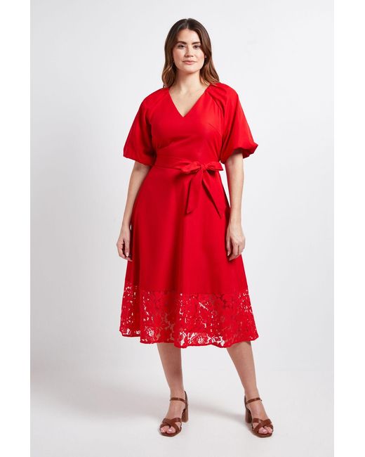 Wallis Red Puff Sleeve Lace Trim Midi Dress
