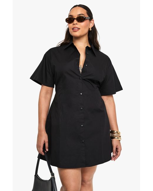 Boohoo Black Plus Poplin Cinched Shirt Dress