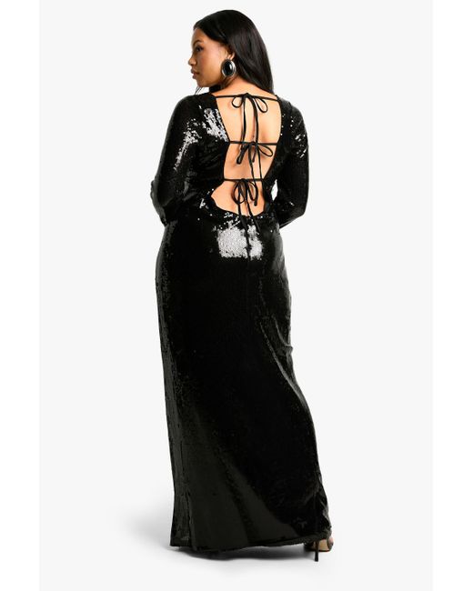 Boohoo Black Plus Sequin Tie Back Maxi Column Dress
