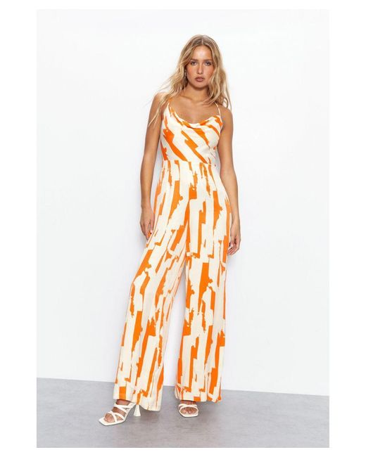 Warehouse White Abstract Print Satin Cowl Strappy Jumpsuit
