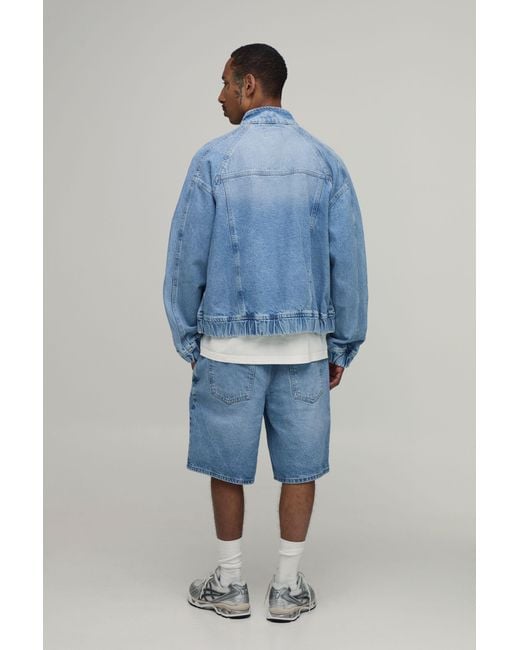 BoohooMAN Blue Washed Denim Panelled Track Jacket for men