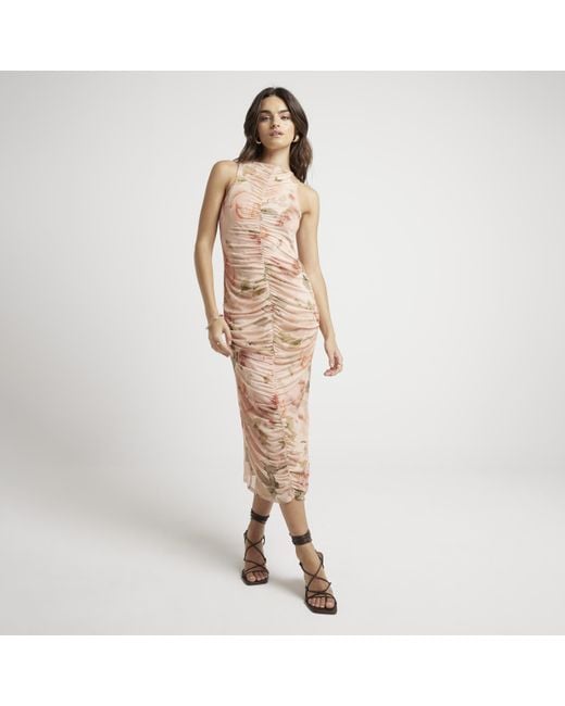 River Island White Bodycon Midi Dress Mesh Floral Ruched