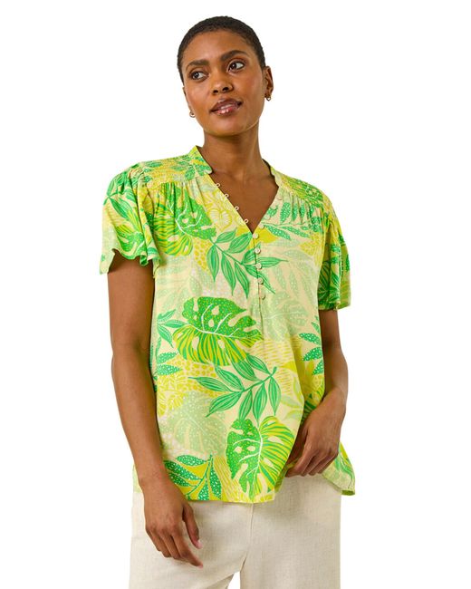Roman Green Leaf Print Shirred V-Neck Top