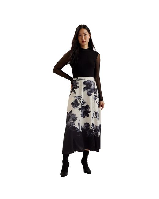 Ted Baker Black Wmd Selnaa Mesh Top Printed Skirt Midi Dress