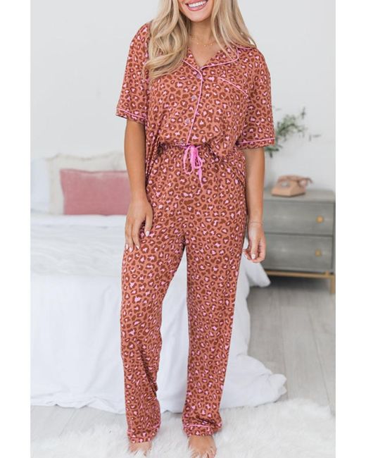 Azura Exchange Bruin Luipaardprint Korte Mouwen Shirt En Broek Pyjama Set in het Red