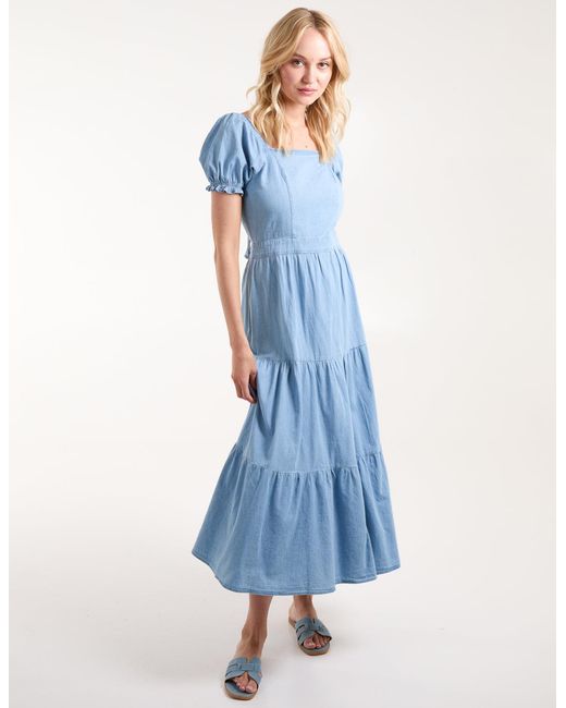 Blue Vanilla Blue Denim Square Neck Tiered Maxi Dress