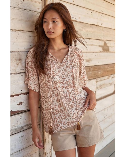 Roman Brown Patchwork Tie Front Top