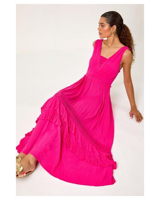 Roman Pink Lace Detail Shirred Frill Maxi Dress