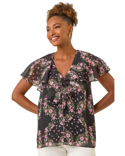 Roman Black Floral Print Frill Neck Top