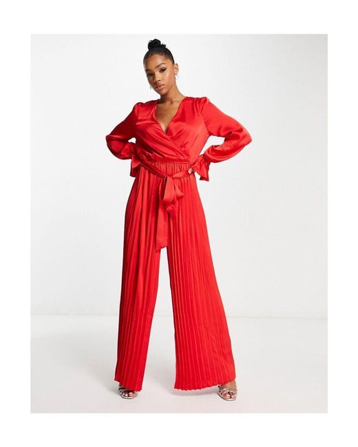 In The Style Red Satin Wrap Detail Pleated Wide Leg Jumpsuit With Belt