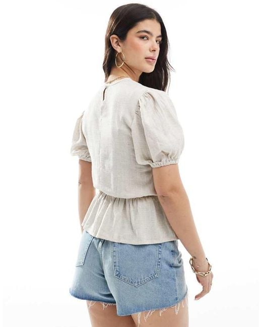 ASOS White Linen Look Peplum Top With Puff Sleeve