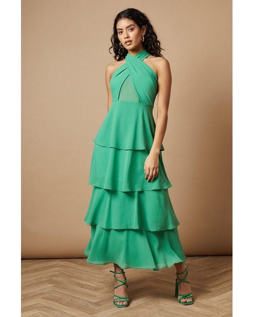 Oasis Green Petite Halter Neck Cutout Tiered Maxi Dress