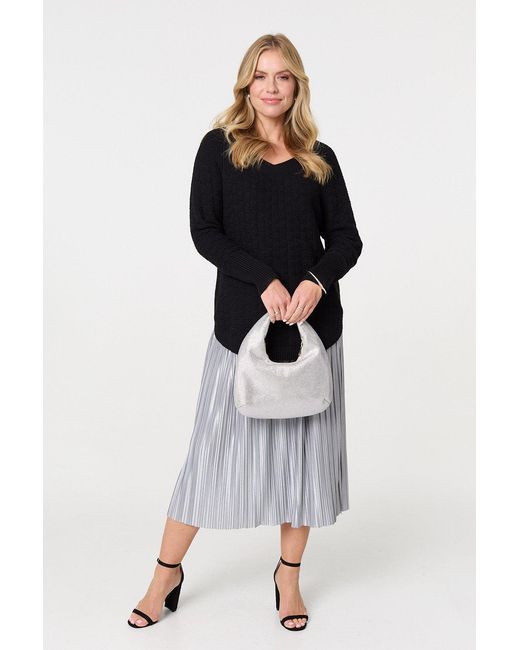 Izabel London Black Textured V-Neck Relaxed Curve Hem Jumper