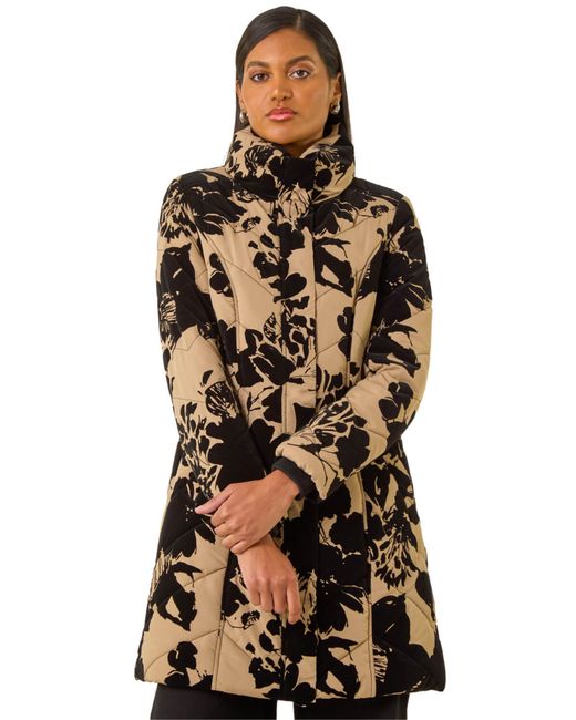 Roman Black Floral Flock Detail Padded Coat