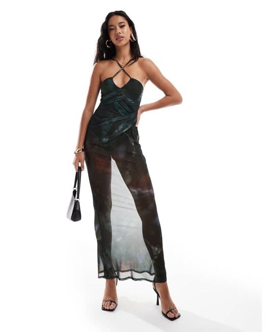 ASOS White Sheer Asymmetric Strappy Neckline Layered Ruched Maxi Dress With Body