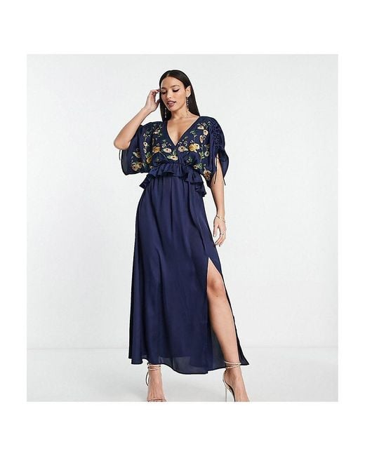 ASOS Blue Design Embroidered Satin Midi Dress With Frill Waist