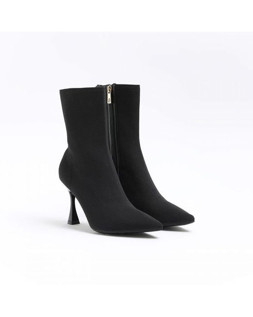 River Island Black Ankle Boots Knit Heeled Textile