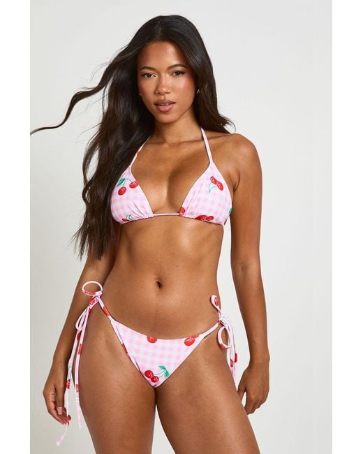 Boohoo Brown Gingham Cherry Print Triangle Top And Tie Side Bikini Set