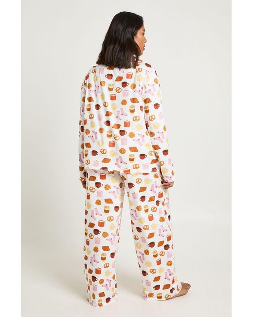 Boohoo White Plus Breakfast Print Long Sleeve Shirt And Trousers Pyjama Set