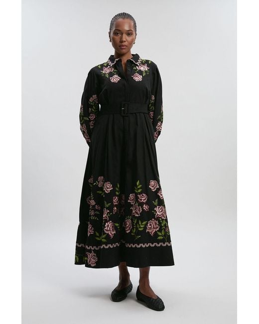 Karen Millen Black Plus Size Rose Embroidered Cotton Twill Woven Shirt Dress With Eyelets